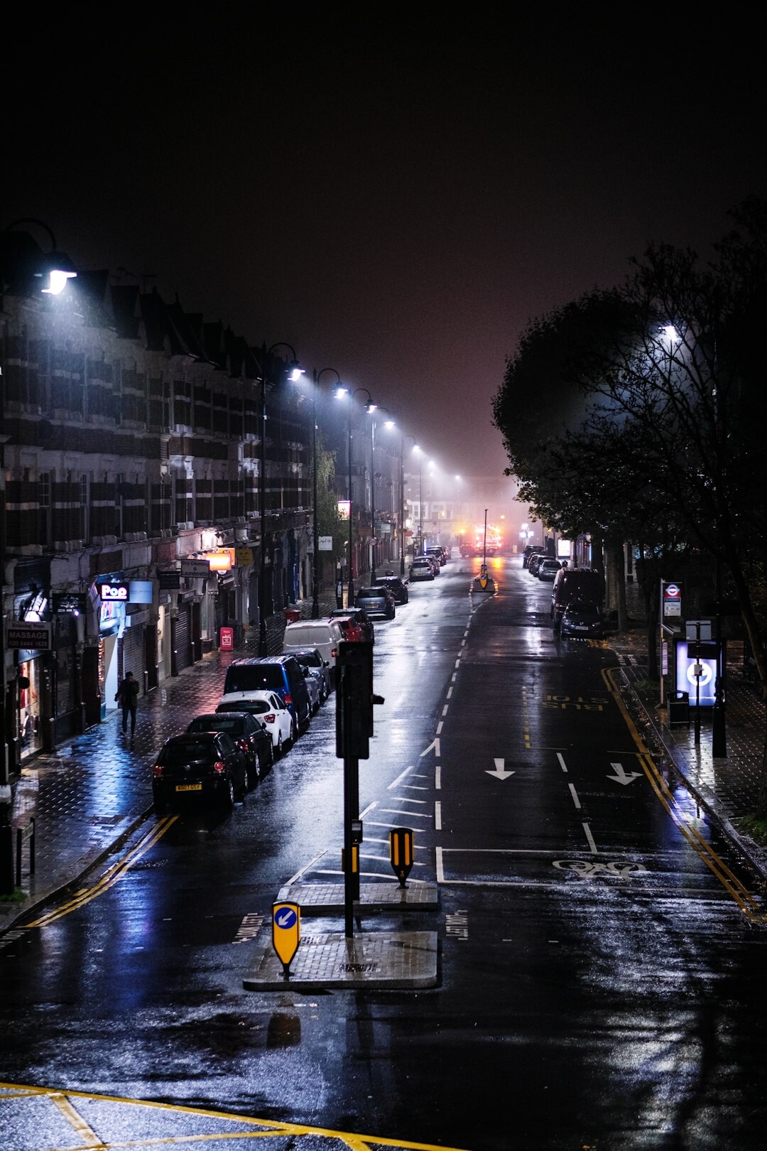 foggy london street at night